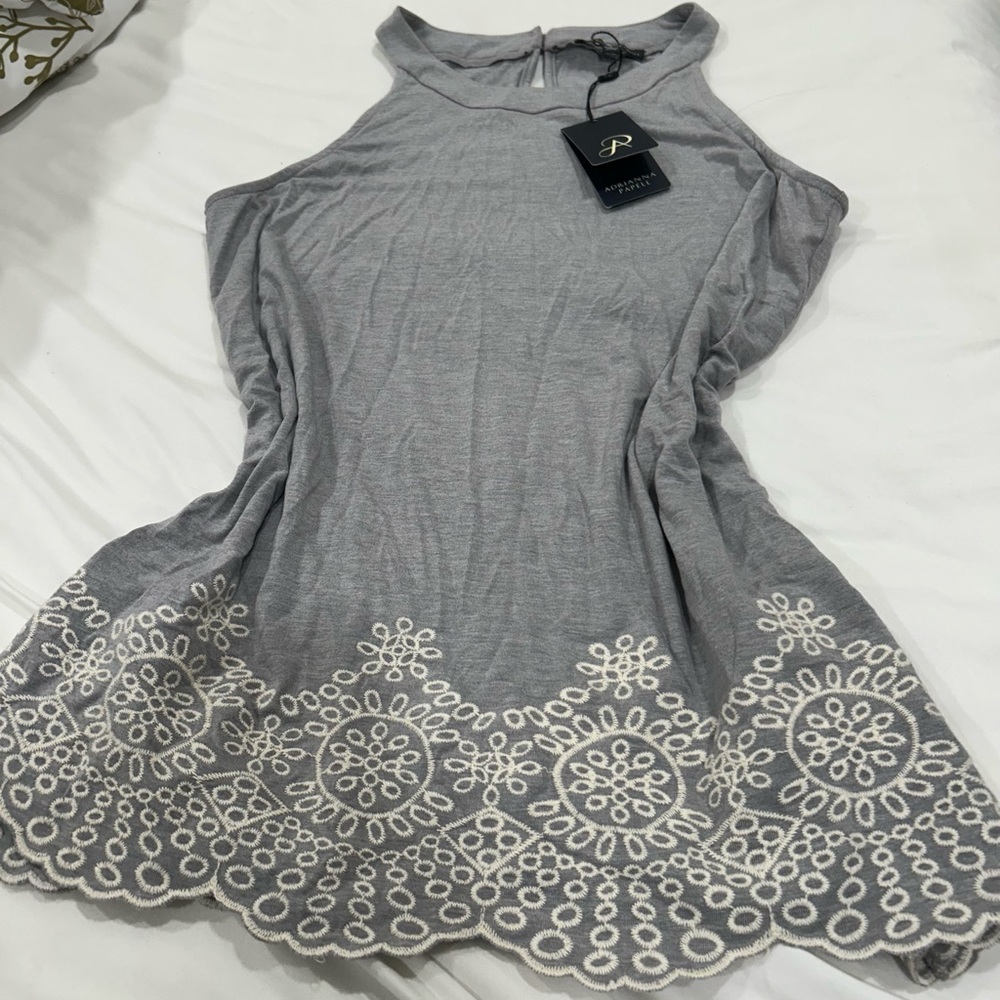 NWT Adrianna Papell Gray Embroidered Lace Hem Halter Top Size S Boho Cottage